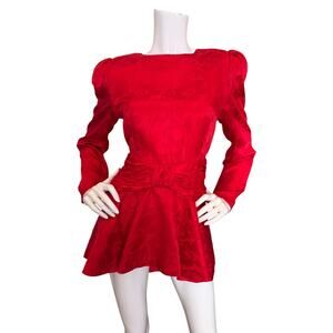 Oleg Cassini Silk Top Vintage 80's Red Floral Damask Peplum Bow Holiday Party 10